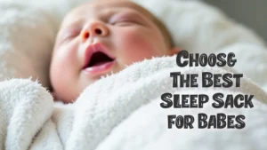 This image shows a baby comfortably sleeping in a cozy, wearable blanket designed for safe sleep.