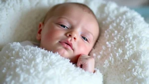 This image shows a baby peacefully sleeping in a Dreamland Baby sleep sack.