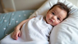 The image shows a cozy sleep sack draped over a crib, ready for a baby.